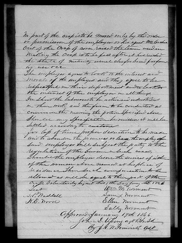 The 1866 Freedmen's Bureau labor contract, signed by Wm M Norment, Sam, Ellen and Sally Norment, Whiteville, Tennessee