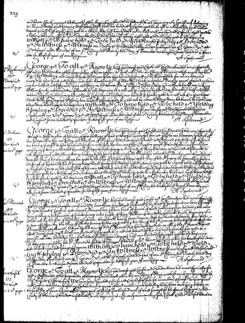1714 Virginia land patent to Samuel Norment for 410 acres on the branches of Cohoke Swamp, King William County