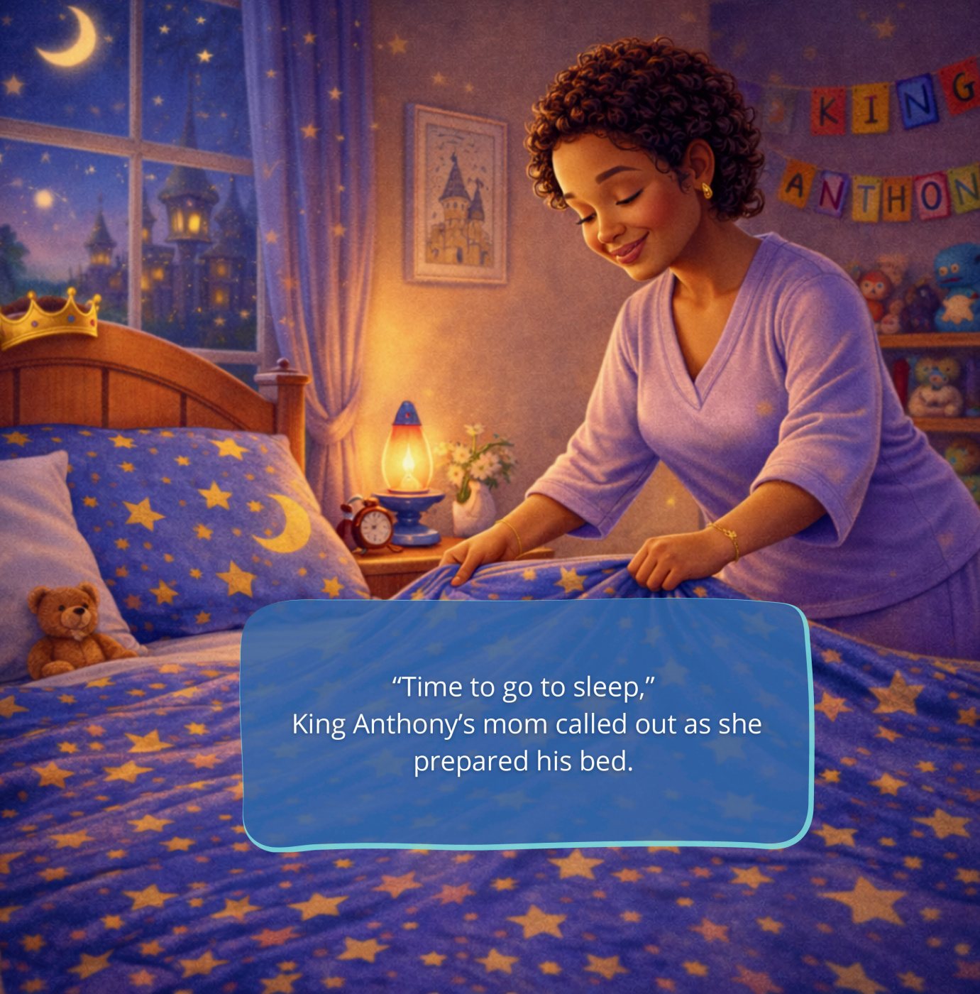Storybook page — bedtime begins